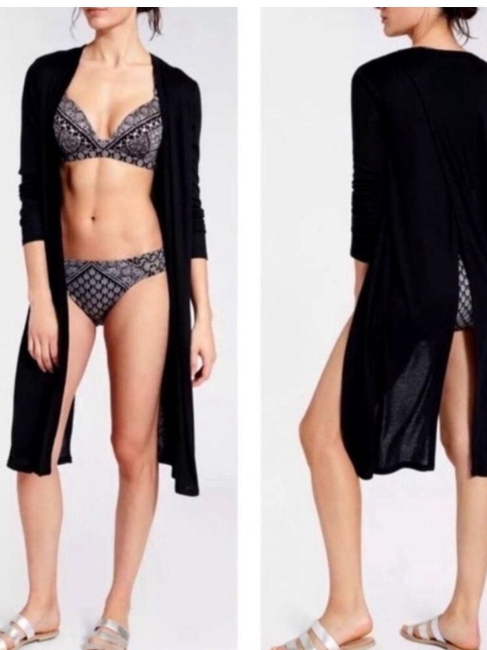 Athleta Camino Duster Cardigan Black Open Split Back Sweater Swim Coverup - XXS
